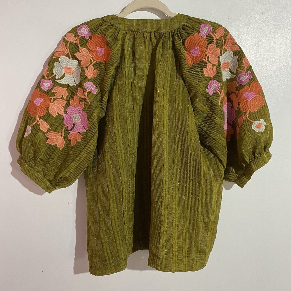 THML Anthropologie Top L Green Floral Embroidered Puff Sleeve Fall Boho - Picture 3 of 13